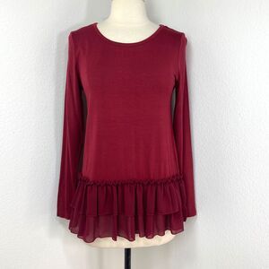 les amis Maroon Rayon Knit Tunic Top Small Long Sleeve Ruffle Chiffon Flounce US